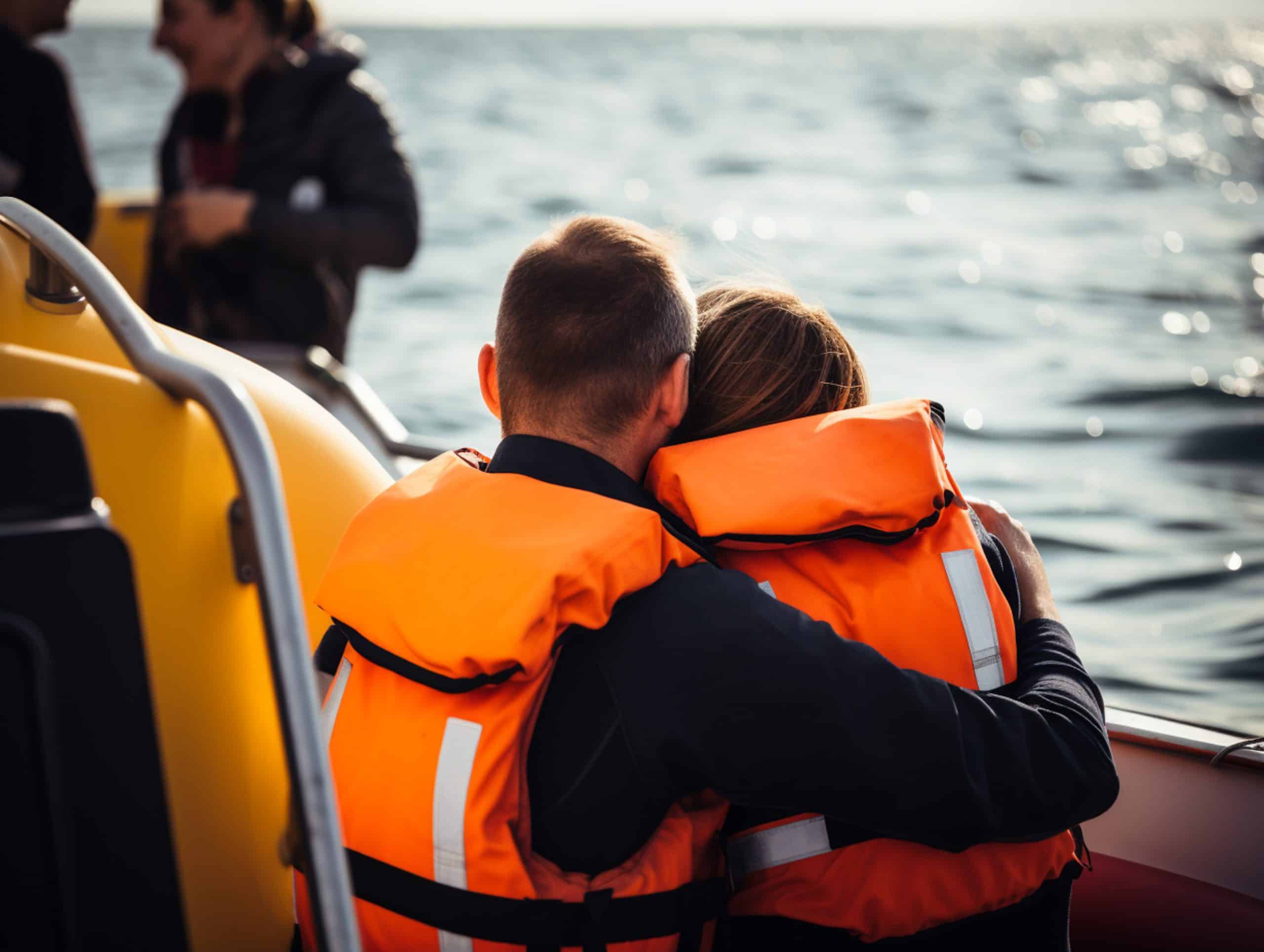 Couple embracing on a boat.