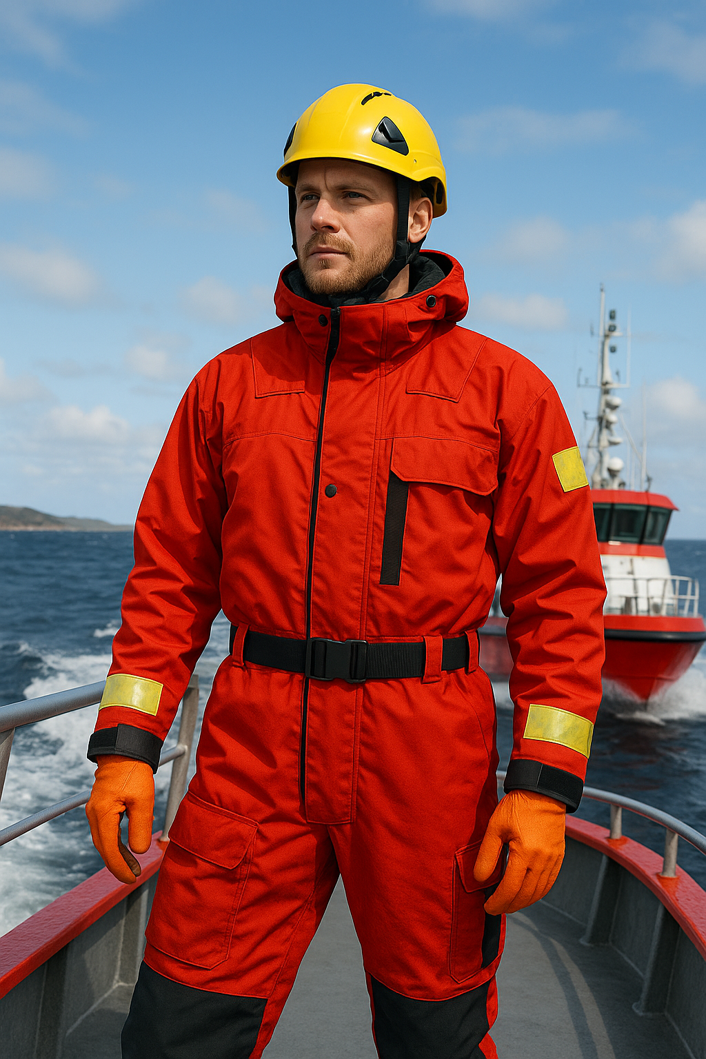 Person in red safety gear at sea