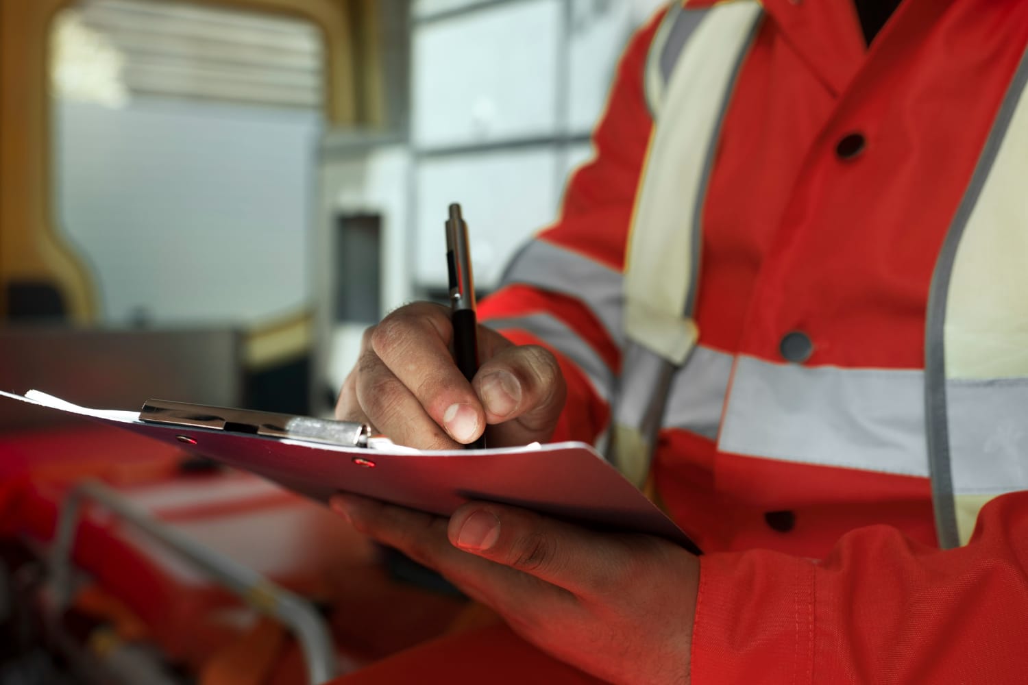 Worker writing on clipboard indoors